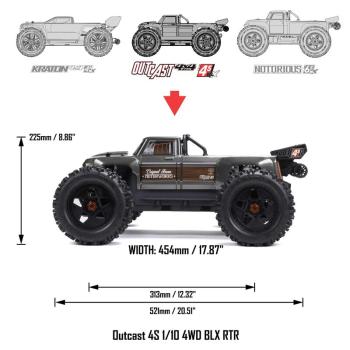 Arrma 1/10 OUTCAST 4X4 4S V2 BLX Stunt Truck RC-Offroad Car RTR Gunmetal - ARA4410V2T3
