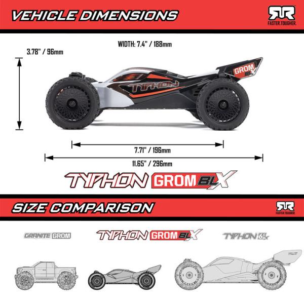 Arrma TYPHON GROM 223S BLX Brushless 4X4 Small Scale Buggy RTR with DSC, Silver - ARA2306T1
