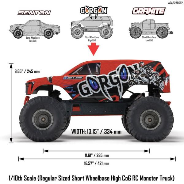 Arrma 1/10 GORGON 4X2 MEGA 550 Brushed Monster Truck RTR with Battery & Charger Red - ARA3230ST2