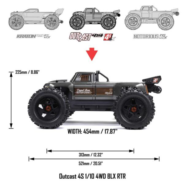 Arrma 1/10 OUTCAST 4X4 4S V2 BLX Stunt Truck RC-Offroad Car RTR Gunmetal - ARA4410V2T3