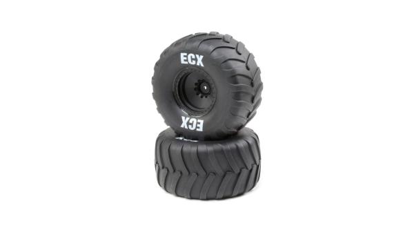 ECX Rt/Lft Tire, Prmnt, Black Whl (2): 1:10 2WD Crush - ECX43016